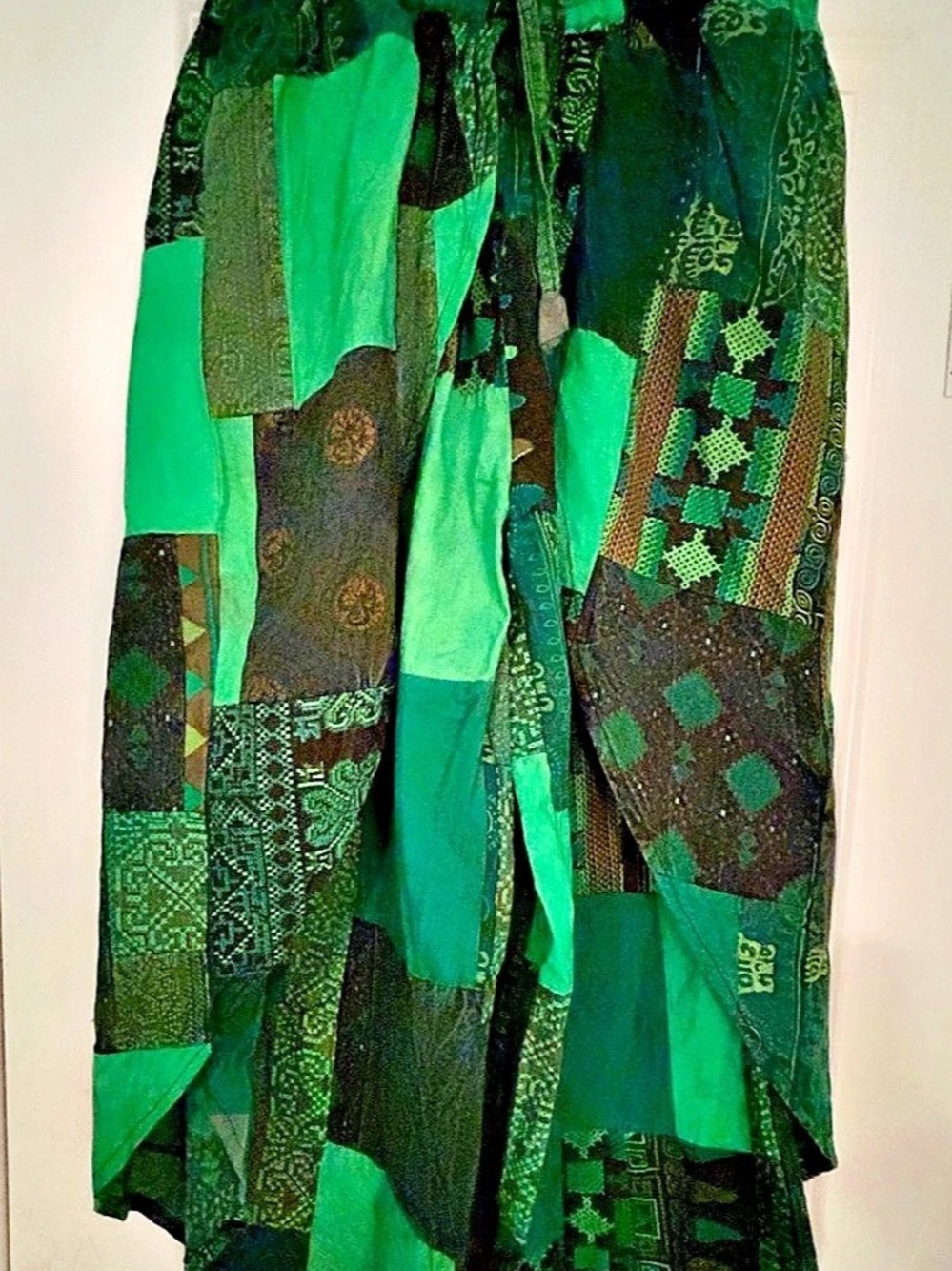 Kira Patchwork Pants with Open Slit Legs in Green & Brown
